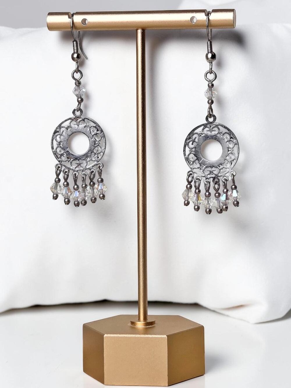 Vintage Y2K 200's Silver Toned Medallion Rhinestone Crystal Dangle Earrings